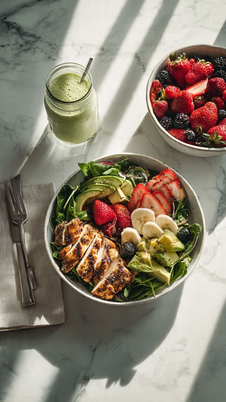 Healthy bowl with chicken, avocado and fresh fruits prepared by private chef Melek Ozyavru in Kas Antalya for meal prep and retreats