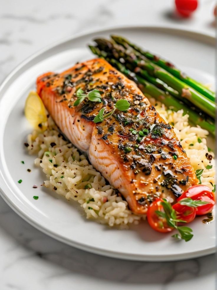 Grilled salmon with rice and vegetables prepared by private chef Melek Ozyavru in Kas Antalya for villa dining and catering